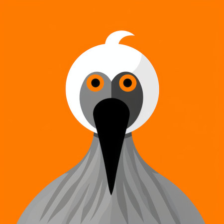 an isolated bird is portrayed in this minimalist illustration, set against a vibrant orange background. the dark white and gray tones create a unique aesthetic reminiscent of papua new guinea art. the quirky character design draws inspiration from the works of william wegman, resulting in an eye-catching composition featuring flat figures. ai generatedの素材