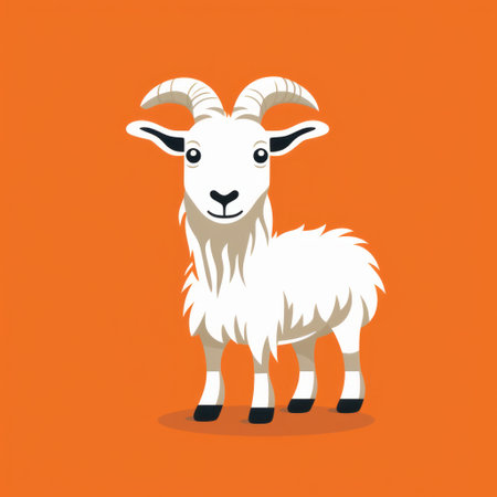 a cartoon goat with a strong facial expression is depicted walking on an orange background. the goat is illustrated in a distinctive character design style, featuring flat illustrations with a mix of dark white and white colors. the artwork draws inspiration from himalayan art and the artistic movement known as dau al set, showcasing rounded shapes. ai generatedの素材