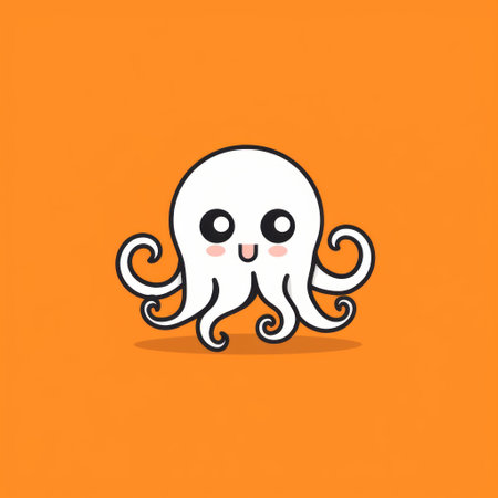 cartoon octopus on an orange background, featuring a minimalist graphic design style. the octopus is depicted in dark white and white colors, creating an animated gif-like effect. this illustration can be used as a logo or in energy-filled illustrations, as well as in necronomicon and angura kei-inspired designs. ai generatedの素材