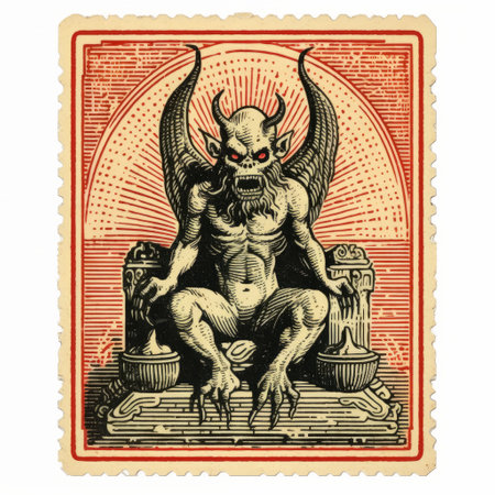 vintage demon with wings perched on an old wooden deck, surrounded by playing cards and a sword. this woodcut-inspired graphic showcases a blend of light bronze and red tones. the artwork draws inspiration from american prints between 1880 and 1950, featuring realistic renderings of the human form. with elements of midwest gothic and security camera art, it captivates with its unique fusion of styles. additionally,の素材