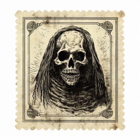 vintage print postage stamp featuring a skeleton on a dark shaded background. the design is reminiscent of illustrations found in the necronomicon, showcasing realistic renderings of the human form. the overall aesthetic is eerie and mysterious, with a slightly soggy appearance adding to the intrigue of the illustration. ai generatedの素材