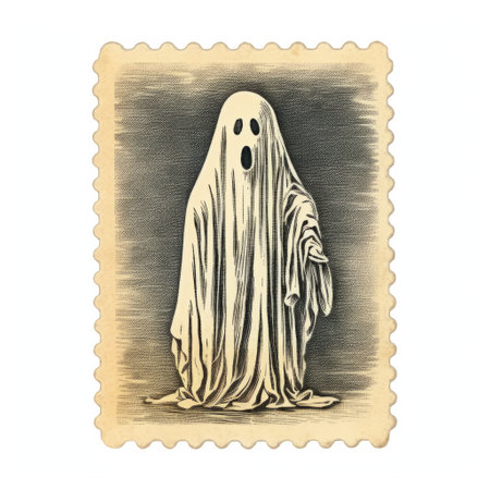 the photo features a unique, handcrafted stamp depicting a ghost in a realistic yet stylized manner. created by the talented artist tim doyle, the stamp showcases his signature matte photo and watercolor illustration style. the color palette consists of light gray and light brown tones, adding a subtle and captivating touch to the overall composition. ai generatedの素材