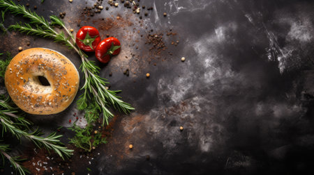 a bagel with herb and chili toppings is showcased in a top view photograph. the image features a black background, reminiscent of post-apocalyptic backdrops. the vibrant colors of the bagel and toppings contrast with the dark setting, creating a visually striking composition. this high-quality, ultra-high-definition (uhd) image captures the essence of mediterranean landscapes. the red and gray tones add depth and intensity to the overallの素材