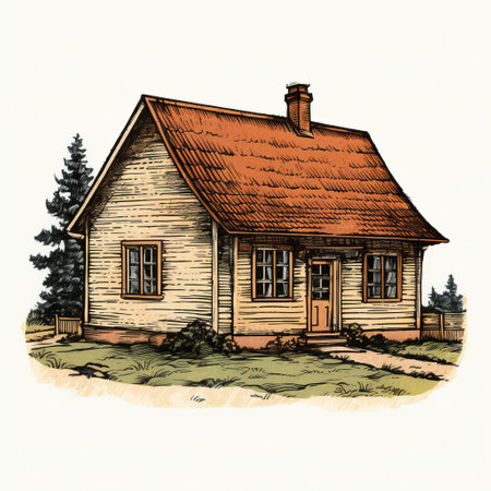 vintage style wooden house with a slate roof, featuring a hand-drawn aesthetic reminiscent of rural landscapes. the house is adorned with light yellow and dark orange colors, creating a high-contrast shading effect. this charming cabincore-inspired structure exudes an old-timey charm, while the frottage technique adds a unique texture to the overall design. ai generatedの素材