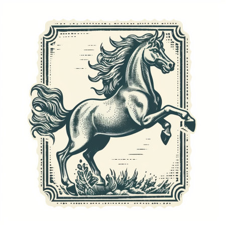 a stamped wooden illustration of a running horse with grass above, showcasing vintage poster design and classic tattoo motifs. the silver-toned artwork is accurate, detailed, and captures the essence of american iconography. the illustration exudes a sense of liquid metal, adding a unique and captivating element to the overall composition. ai generatedの素材