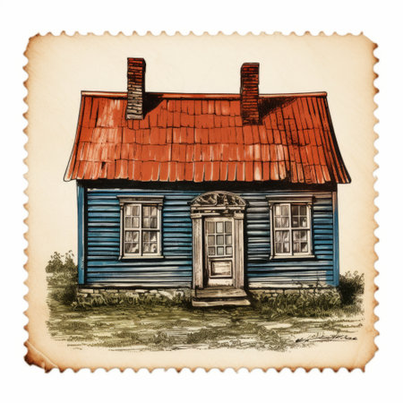 a vector illustration by harry sholt depicting a cottage in a 20th-century scandinavian style. the artwork, resembling mail art, features dark red and blue tones with cross-processing effects. the historical illustration showcases detailed brushstrokes, reminiscent of a daguerreotype. ai generatedの素材