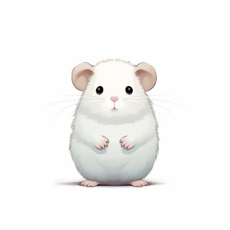 a cute hamster posing on a white background, featuring a realistic yet stylized design. the image showcases a mix of dark white and light white tones, with a gigantic scale that emphasizes the hamster's adorable features. the pastel hues add a touch of softness to the overall composition, while the rounded and slightly exaggerated caricature style gives it a unique and playful look. the imageの素材