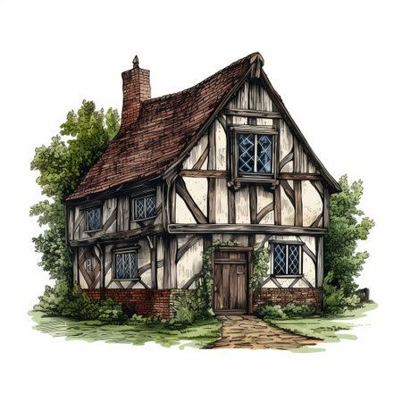 a traditional timber frame house illustration, inspired by the style of english painters. this hand-colored artwork showcases highly realistic details and features glazed earthenware elements. the composition incorporates quadratura techniques, creating a sense of depth and dimension. the illustration evokes a fairy tale ambiance with its enchanting atmosphere and high-contrast shading. ai generatedの素材