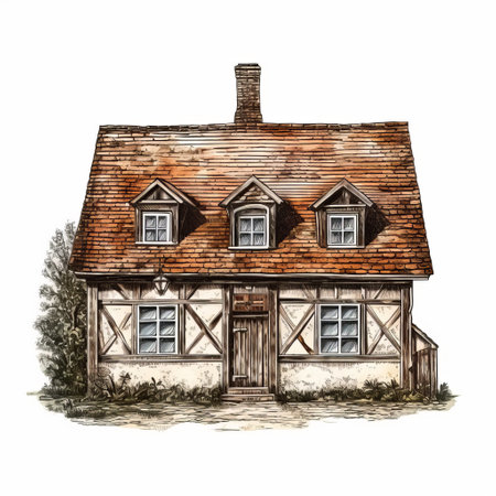 vintage rustic farm house vector illustration in the style of 19th century german realism. this realistic watercolor artwork captures the essence of medieval and renaissance architecture. digitally enhanced with zeiss ikon zm, the illustration showcases familiar domestic scenes against a clean white background. ai generatedの素材