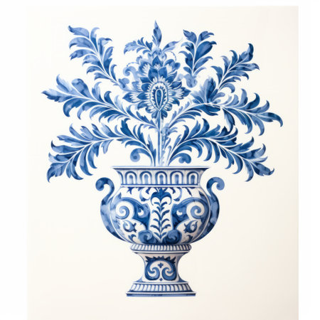 the blue vlora vase is a large 12x12 paper wall art featuring a stunning image of flowers. inspired by baroque ornamental details, the artwork by zacharias martin aagaard showcases intricate foliage and monochromatic paintings. with a white background, this decorative vessel captures the essence of symbolist watercolors. ai generatedの素材