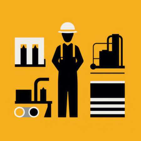 workers in white hats stand next to industrial equipment against a yellow background. this graphic design-style illustration features dark yellow and black elements, showcasing personal iconography and industrial materials. the simple silhouette figures add a touch of minimalism to the composition. ai generatedの素材