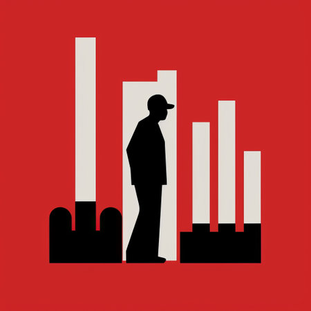 a person stands in front of a factory building in this simplistic vector art. the artwork features a combination of red and black colors, negative space sculptures, and elements of data visualization. the style draws inspiration from wealthy portraiture, mid-century illustration, and graphic symbols. ai generatedの素材