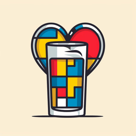 two glasses of water, shaped like a heart, are depicted in a colorful cartoon style with influences from de stijl. the design incorporates elements of stained-glass and personal iconography, reminiscent of the memphis design movement. this abstract minimalistic image appeals to those who appreciate religious iconography and modern art. ai generatedの素材