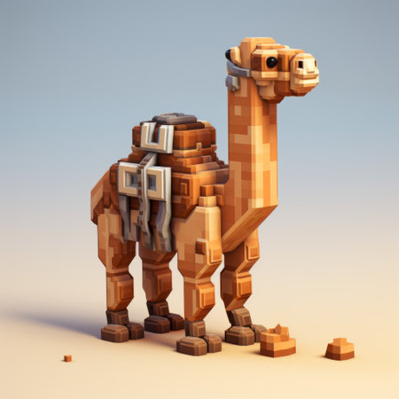a camel, depicted in voxel art style, stands beside large blocks. the artwork by valentin rekunenko showcases hyper-realistic details, incorporating robotic motifs and a playful use of texture. the piece features subtle gradients and earthy colors, adding depth and visual interest to the composition. ai generatedの素材