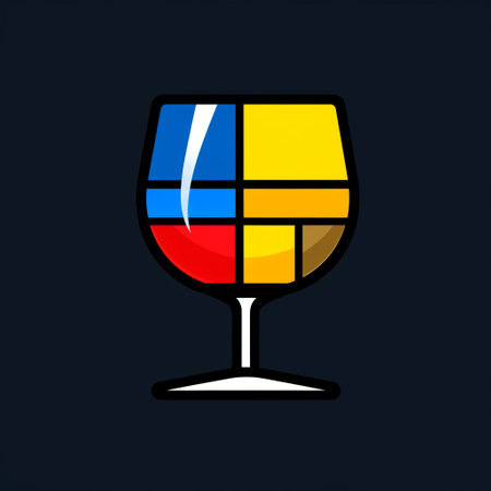 a wine glass featuring square patterns inspired by colorful cubism, reminiscent of kazimir malevich's artwork. the design incorporates elements of colorful comic strips, with a combination of dark yellow and dark blue hues. the overall aesthetic reflects a fusion of multi-colored minimalism, drawing inspiration from dutch and flemish art styles. ai generatedの素材