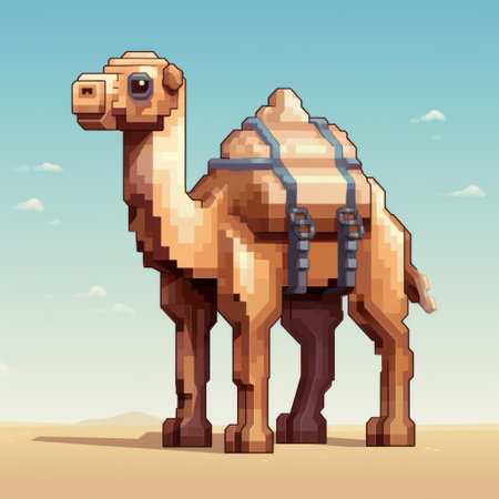a pixel camel is featured in this photo, standing alone on a white and black background. the image showcases soft edges and atmospheric effects, resembling 2d game art. detailed skies and sculpted elements add depth to the composition. the overall aesthetic is characterized by a heavy texture, giving it a unique kombuchapunk vibe. ai generatedの素材