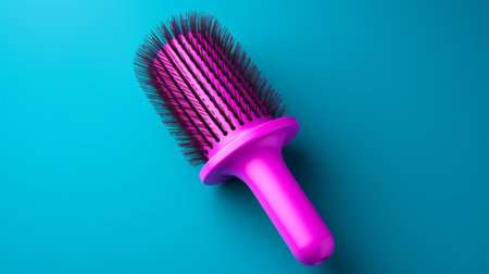 a purple pink ceramic head brush with a matte background in a dark cyan shade. this realistic hyper-detailed rendering showcases the brush's studio light, rollerwave texture, and sharpprickly bristles. the color photography captures the vibrant hues of the brush, making it a visually appealing accessory. ai generatedの素材