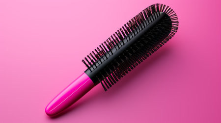 hair brush set on a pink background, styled by a professional hair stylist. the image is rendered in cinema4d, showcasing a spiral group of brushes. the composition is reminiscent of the barbizon school, with a close-up intensity. softbox lighting creates a captivating play of dark pink and dark gray tones. the image has a vibrant and rich quality, similar to fujifilm velvia film. ai generatedの素材