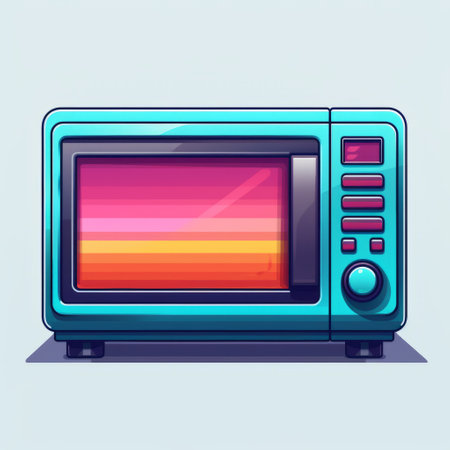 a retro-futuristic cyberpunk icon of a microwave is showcased on a vibrant blue background. this colorful cartoon image captures the essence of suburban ennui with its light amber and magenta hues. the low resolution adds a nostalgic touch, while the soft gradients and high horizon lines enhance the overall aesthetic. ai generatedの素材