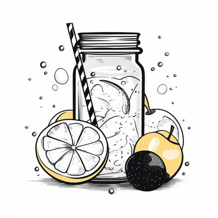a glass of lemon tea with a straw and a slice of lemon, depicted in a black and white drawing style. the cartoon-like image is enhanced with pops of color in light gray and navy. the illustration features elements such as an apple core, gritty texture, grainy effect, water droplets, and intricate black and white ink details. ai generatedの素材