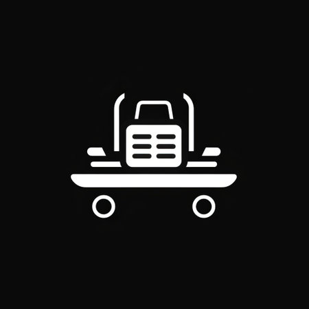 a flat white icon of a suitcase on wheels is depicted against a black background, showcasing an industrial machinery aesthetic. this abstract minimalistic design appeals to those who appreciate traincore, auto body works, minimalist typography, traditional craftsmanship, and transportcore. ai generatedの素材