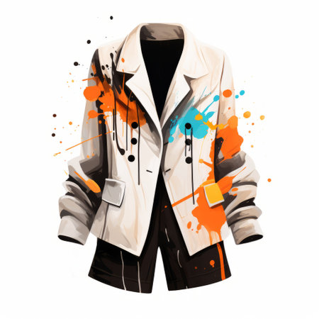 a modern fashion jacket is depicted in this spray-painted style illustration. the jacket is predominantly white with hints of amber, creating a visually striking effect. the illustration has an anime-inspired aesthetic and features a flat composition. the overall design exudes a masculine vibe and has been recognized as a contest winner. ai generatedの素材