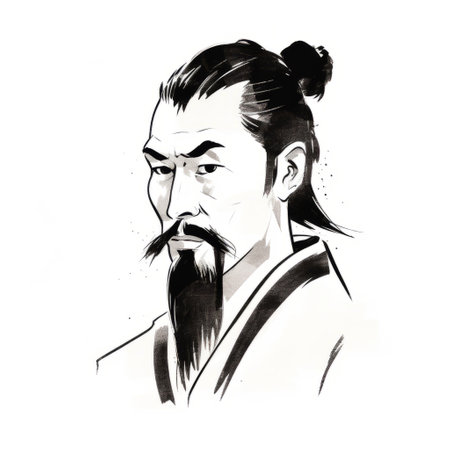 an iranian artist's fantasy illustration depicts a chinese man with a long beard. the studio portrait showcases simplified and stylized portraits, reminiscent of rubens and the edo period. the artwork exudes a sense of quiet contemplation with its dark white and light black color scheme. ai generatedの素材
