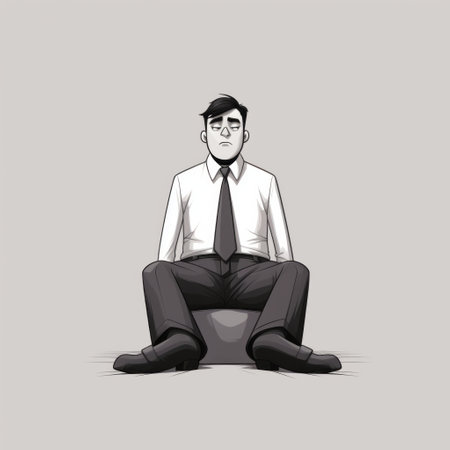 a man sitting on a ball in a minimalist cartoon style. this monochrome portrait captures the essence of political cartoons and bugcore. the high resolution image showcases flat figures with a touch of grit and grain, adding depth to the artwork. ai generatedの素材