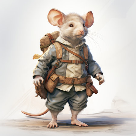 a mouse, depicted in realistic fantasy artwork, is seen carrying a backpack and wielding a weapon. the artwork, created by abraham mintchine, showcases intricate details of the mouse's white and beige costume. this character study, inspired by jean restout the younger, captures the essence of tinycore with its attention to detail and imaginative portrayal. ai generatedの素材