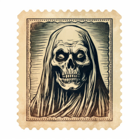 vintage postage stamp featuring a hauntingly designed skeleton in a detailed and character-driven style. the matte photo showcases the intricate line work, reminiscent of haunting portraiture. this associated press photo captures the essence of the skeleton's design, resembling an eerie yet captivating illustration. ai generatedの素材