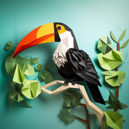 abstract color toucan image in polygons, resembling paper sculptures, with highly detailed foliage. created by patrick brown, a dark and brooding designer known for his pictorial storytelling. he is also an installation creator, specializing in charming character illustrations. ai generatedの素材