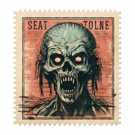 spooky frankenstein stamp seat to the dead, featuring a graphic design-inspired illustration in the style of earthcore. this detailed marine view captures the essence of golden age illustrations with a tonist touch. the photo, taken with ektachrome, showcases the eerie beauty of the manticore. ai generatedの素材