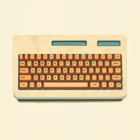 an ivory and wood electronic keyboard with a mid-century illustration style, featuring impasto texture, satirical tone, and hard-edge color field. the retro-style keyboard is spray painted and equipped with a webcam. ai generatedの素材
