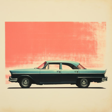 the old car in this photo showcases a vintage graphic design style, with its light cyan and red color scheme. the image has been processed using darktable, resulting in a mid-century illustration aesthetic with high contrast. the overall composition evokes the essence of american tonalism and resembles a vintage poster. ai generatedの素材