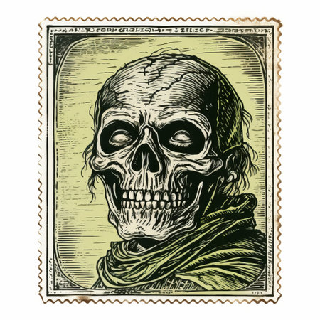 an old postage stamp showcases a macabre illustration of a skeleton wearing a hat or scarab beard. the intricate pen illustrator style is evident in the light green and dark amber colors. this unique piece of poster art captures american iconography with a touch of filthiness. shot on 70mm, the stamp's design is reminiscent of intricate sculptures. ai generatedの素材