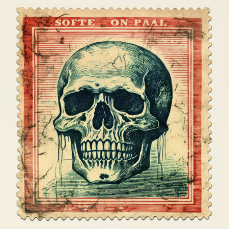 skull postage stamp featuring a nostalgic illustration style, reminiscent of 19th-century editorial illustrations. the stamp showcases a skull on a red background, with elements of sots art and trompe-l'oeil. the matte photo finish enhances the vintage aesthetic, while the combination of light orange and dark cyan adds a striking contrast. ai generatedの素材