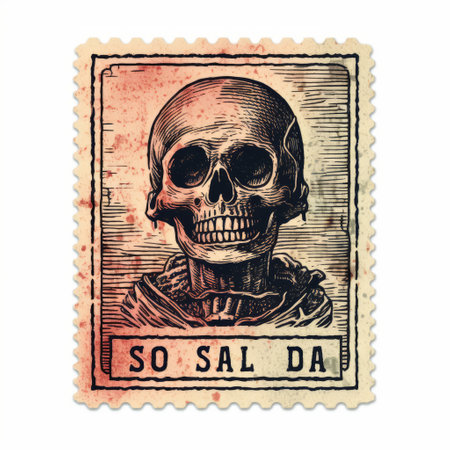 the stamp features an engraved text that reads "so sal do" in a macabre style, reminiscent of golden age illustrations and macabre motifs like skulls. the design is influenced by color photography pioneers and is infused with pop-culture references. the stamp has a terracotta color and showcases a skeletal theme. ai generatedの素材