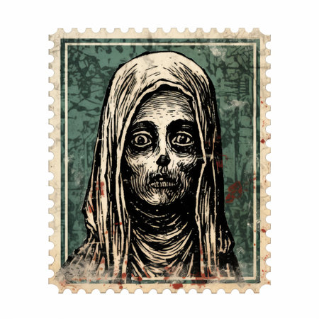 the postage stamp features a realistic portrayal of a skeleton wearing a headscarf, reminiscent of necronomicon illustrations. the matte photo has a vintage cut-and-paste aesthetic, with intricate pen illustrations. this unique design can be found on flickr. ai generatedの素材