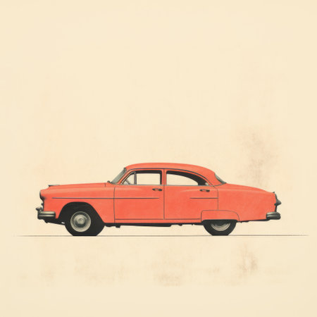 an orange car, captured by peter wright, showcases the vintage minimalism style with highly detailed illustrations. the nostalgic tone and art of tonga influence the minimalistic portraits, featuring a romantic illustration in light red and beige hues. ai generatedの素材