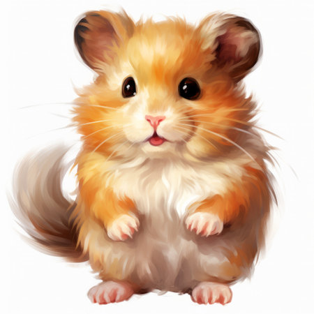 a little tiny hamster sits on a person's face in this digital painting. the white background enhances the brushwork mastery and gigantic scale of the artwork. the light crimson and amber colors give it a vibrant look, reminiscent of xbox 360 graphics. the mischievous feline motif adds a playful touch, with other depictions of animals in the background. ai generatedの素材