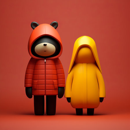 two figures, rendered in cinema4d, stand on a vibrant red background. the cute and colorful animal figurines are designed in a minimalist style, featuring dark yellow and dark orange hues. these weathercore-inspired pieces add a touch of whimsy to any space, while their anti-clutter design ensures a clean and organized look. perfect for booru enthusiasts and lovers of unique decor. ai generatedの素材