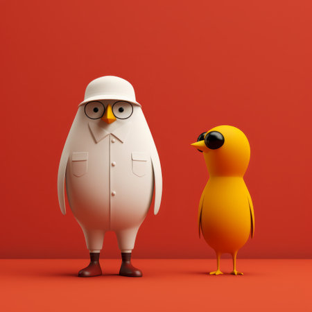 white birds and a yellow bird are depicted in this playful character design, rendered in cinema4d. the artwork by bill gekas showcases inventive character designs with a sketch-like quality. the minimal retouching enhances the vibrant colors of red and orange, creating a visually striking composition. ai generatedの素材
