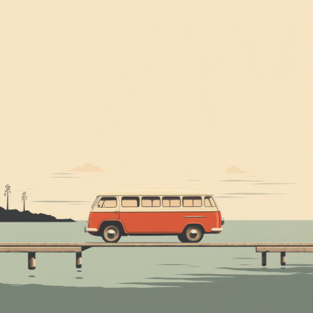 an orange vw bus drives over a bridge, surrounded by a serene body of water. this minimalist illustration captures the essence of retro vintage style, with its light red and dark beige tones. the layered and atmospheric landscapes create a sense of calmness, depicting calm seas and skies. the vintage graphic design adds a touch of nostalgia to these lively tableaus. ai generatedの素材