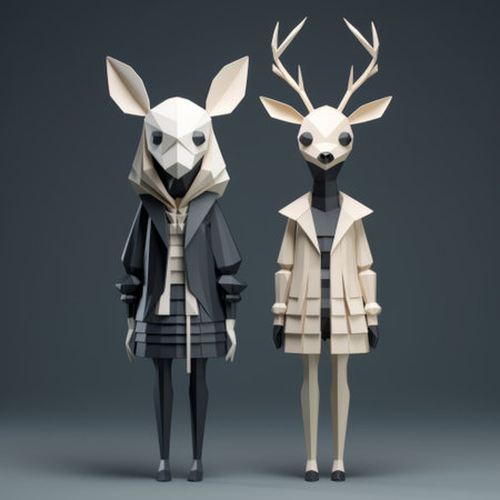 two deer statues striking a pose next to a sculpted moose. these unique sculptures are designed by women artists and draw inspiration from geometry and anime characters. the deer statues are beautifully crafted in dark gray and light beige tones, showcasing the artistic style of mori kei. the costumes on the statues are intricately detailed, created using the technique of photobashing. ai generatedの素材