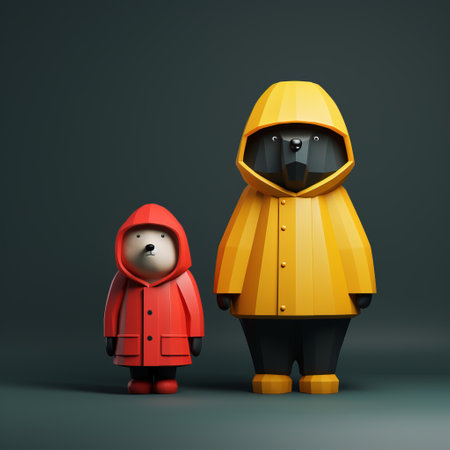 2d figurines inspired by moulin rouge, featuring geometric animal figures in gritty urban scenes. these luminous 3d objects showcase a striking combination of dark crimson and yellow hues, capturing inclement weather. with a touch of childlike simplicity, these figurines beautifully depict simplified dog figures in a unique and captivating style. ai generatedの素材