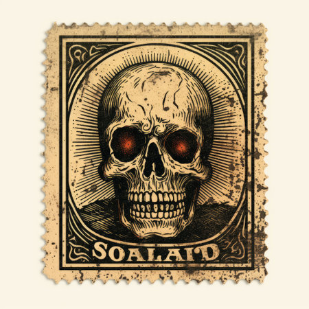 a postage stamp showcasing a skull with piercing red eyes, inspired by the artistic style of scarlett hooft graafland. this simplistic vector art piece draws influence from victorian engravings and the unique touch of hand-drawn elements. the solarization effect adds a captivating twist to this associated press photo, reminiscent of the artistic flair seen in sacha goldberger's work. ai generatedの素材