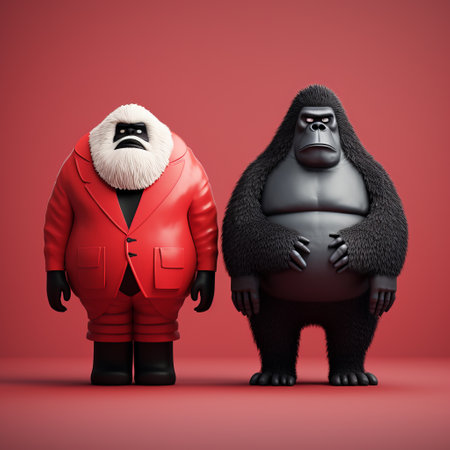 two gorillas and a santa claus are standing together in a visually stunning scene. this artwork showcases the unique style of vray tracing, with quirky character designs by yanjun cheng. the monochromatic color scheme of white and red adds a touch of elegance, while the low depth of field creates a captivating atmosphere. get ready to be amazed by the inventive character designs in thisの素材