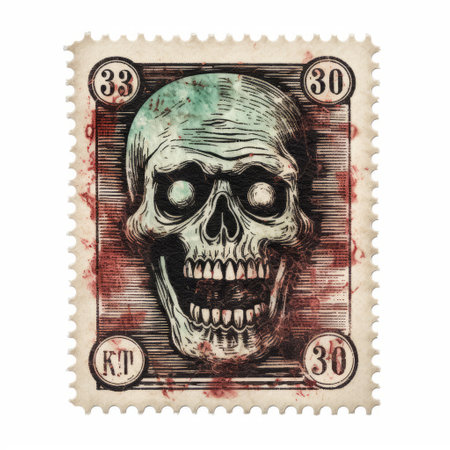 the skull on the postage stamp is a textured illustration inspired by decadent illustrations and necronomicon illustrations. created using a graflex speed graphic, the design features a dark aquamarine and red color scheme. this unique artwork showcases a reshaping of a dead mummy, resulting in a haunting and visually striking image. perfect for collectors and fans of grocery art, this high-resolution stamp is a must-have.の素材