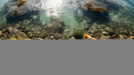 a dog perched on rocky terrain, partially submerged in water, captured in the stunning style of unreal engine 5. the photo showcases a mesmerizing blend of light amber and azure hues, enhanced by vray technology. this national geographic image beautifully combines elements of furry art and naturalistic depictions of flora and fauna, with meticulously rendered shadows adding to its realism. ai generatedの素材