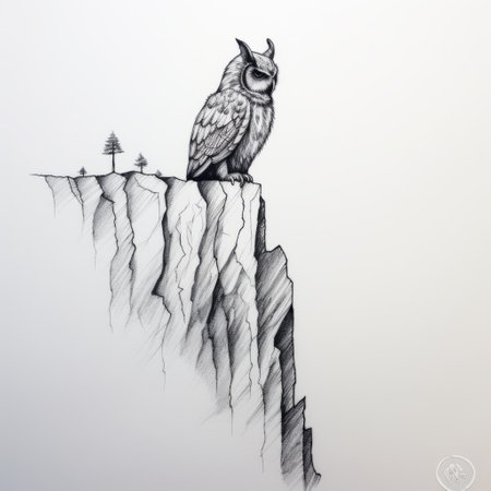 owls perched on a cliff, showcasing monochromatic minimalist portraits with a realistic perspective. the fusion of metropolis and nature is evident in these minimalist sketches, reminiscent of the style of esao andrews. the owls, positioned against columns and totems, exude powerful symbolism. ai generatedの素材